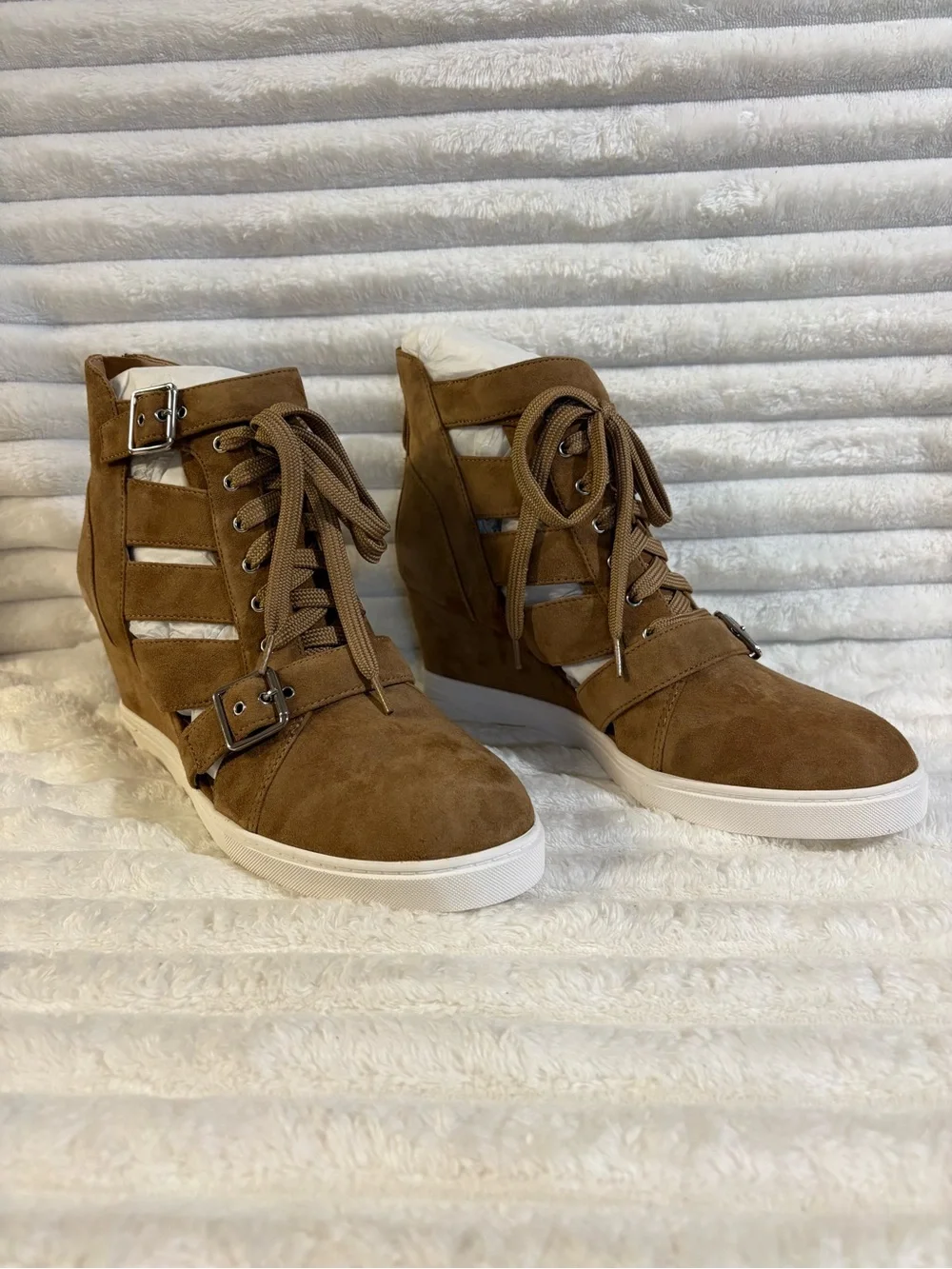 Linea Paolo Tan Kid Suede High-Top Lace-Up Sneakers with Buckles 11M